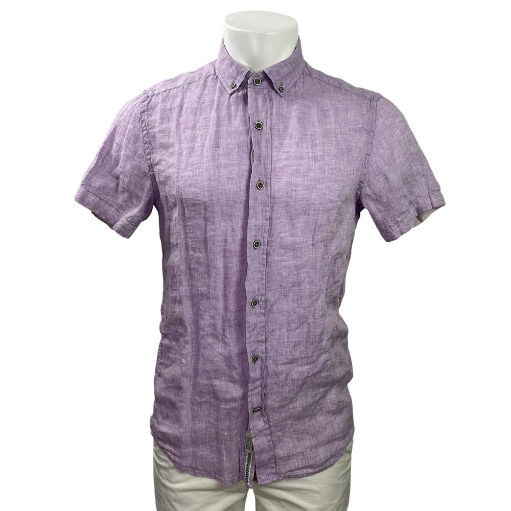 Heritage Men's Purple Lilac 100% Linen Short Sleeve Button Down Shirt Top Size S